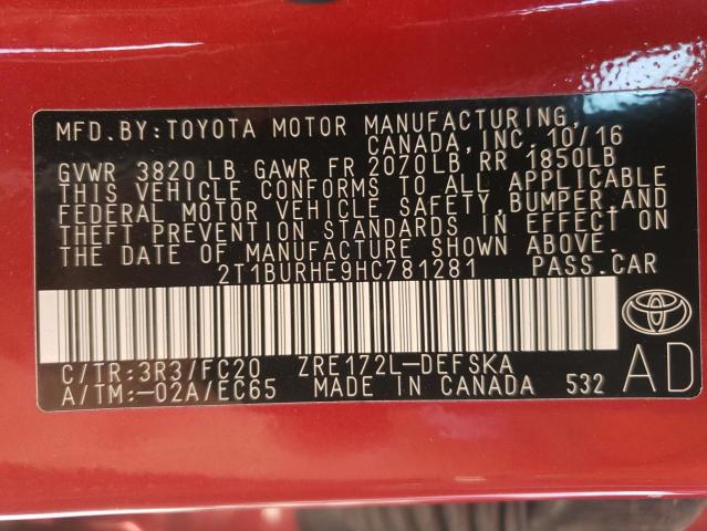Photo 10 from auction – 2017 TOYOTA COROLLA L with VIN 2T1BURHE9HC781281
