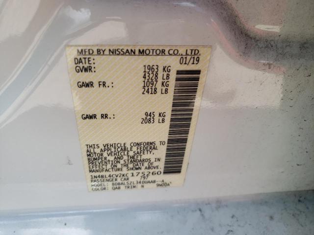 Photo 10 from auction – 2019 NISSAN ALTIMA SR with VIN 1N4BL4CV2KC175260