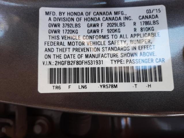 Photo 10 from auction – 2015 HONDA CIVIC EX with VIN 2HGFB2F80FH531931