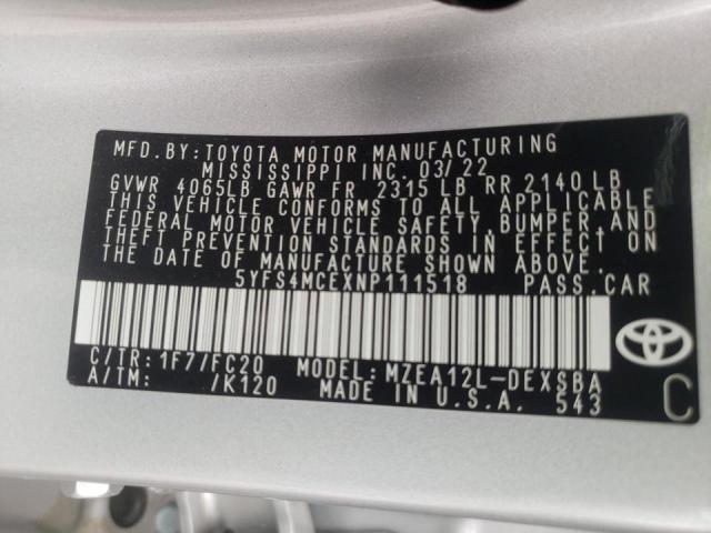 Photo 10 from auction – 2022 TOYOTA COROLLA SE with VIN 5YFS4MCEXNP111518