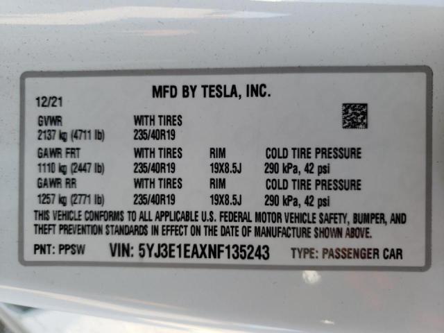 Photo 10 from auction – 2022 TESLA MODEL 3 with VIN 5YJ3E1EAXNF135243