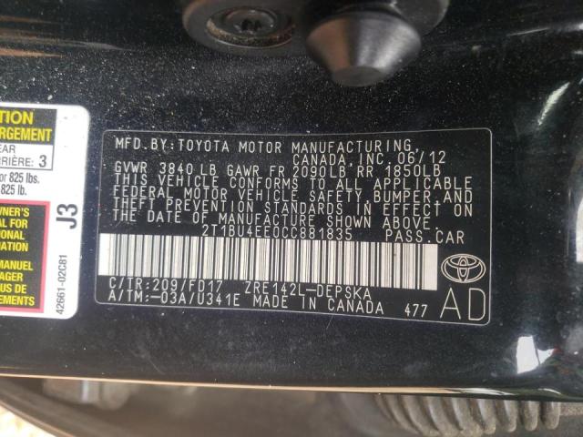 Photo 10 from auction – 2012 TOYOTA COROLLA BA with VIN 2T1BU4EE0CC881835