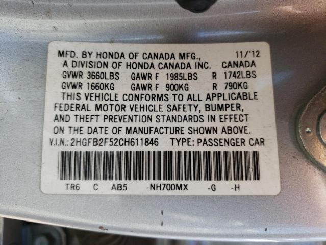 Photo 10 from auction – 2012 HONDA CIVIC LX with VIN 2HGFB2F52CH611846