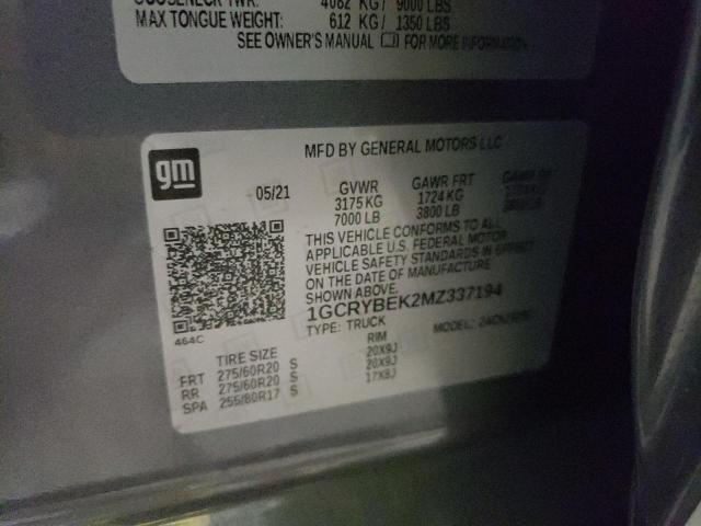 Photo 10 from auction – 2021 CHEVROLET SILVERADO with VIN 1GCRYBEK2MZ337194