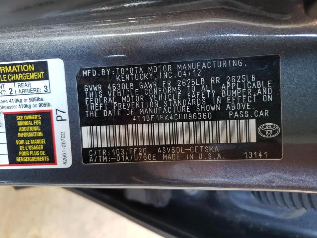 Фото 10 с аукциона – 2012 TOYOTA CAMRY BASE с VIN 4T1BF1FK4CU096360