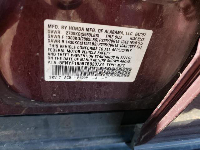 Photo 10 from auction – 2007 HONDA PILOT EXL with VIN 5FNYF18587B023724