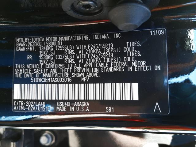 Photo 10 from auction – 2010 TOYOTA HIGHLANDER with VIN 5TDYK3EH1AS003016