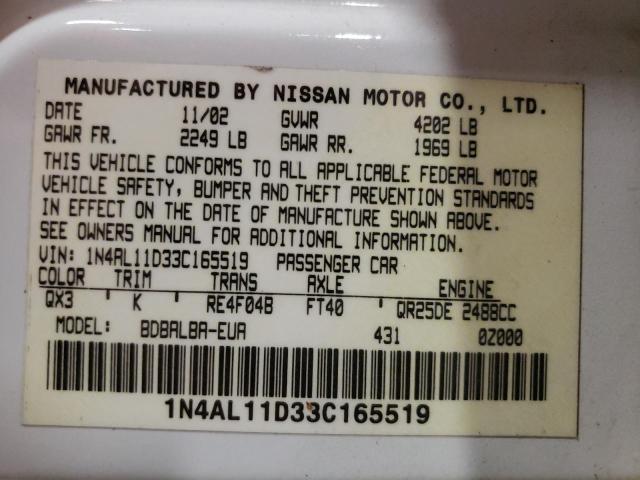 Photo 10 from auction – 2003 NISSAN ALTIMA BAS with VIN 1N4AL11D33C165519