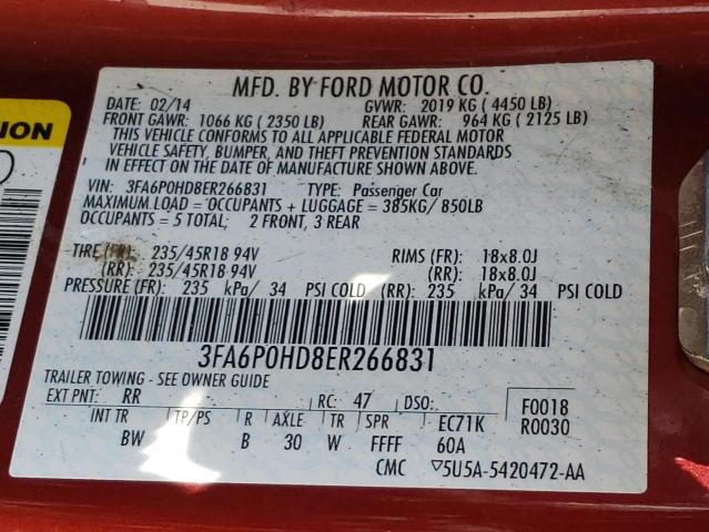 Photo 10 from auction – 2014 FORD FUSION SE with VIN 3FA6P0HD8ER266831
