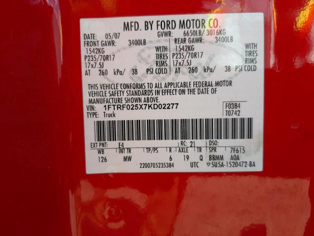 Photo 10 from auction – 2007 FORD F150 with VIN 1FTRF025X7KD02277