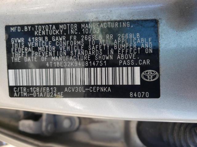 Photo 10 from auction – 2004 TOYOTA CAMRY LE with VIN 4T1BE32K94U814751