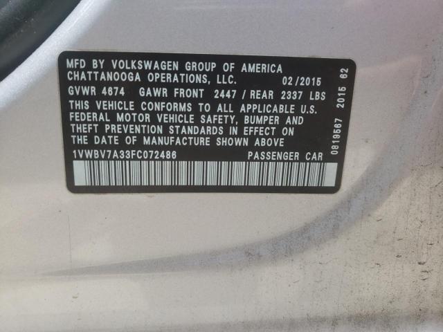Photo 10 from auction – 2015 VOLKSWAGEN PASSAT SE with VIN 1VWBV7A33FC072486
