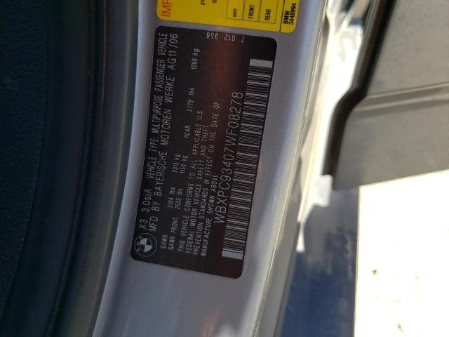 Photo 10 from auction – 2007 BMW X3 3.0SI with VIN WBXPC93407WF08278