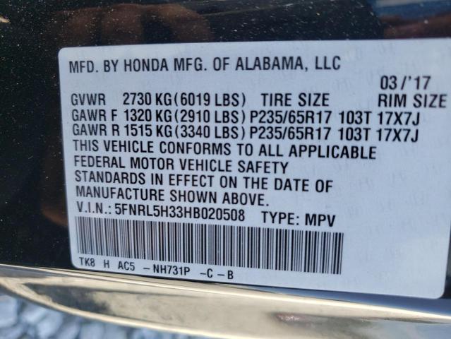 Photo 10 from auction – 2017 HONDA ODYSSEY SE with VIN 5FNRL5H33HB020508