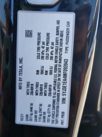 Photo 10 from auction – 2021 TESLA MODEL 3 with VIN 5YJ3E1EA4MF093943
