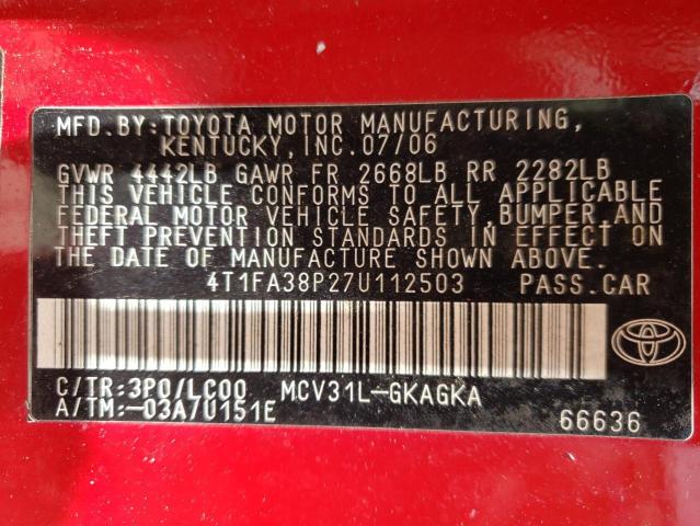 Photo 10 from auction – 2007 TOYOTA CAMRY SOLA with VIN 4T1FA38P27U112503