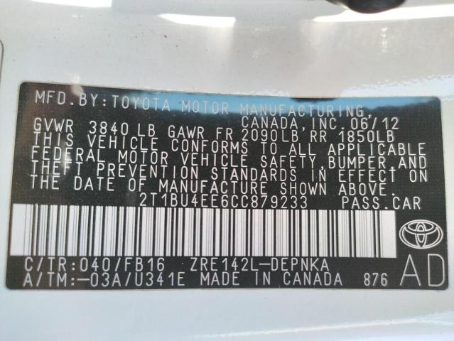 Photo 10 from auction – 2012 TOYOTA COROLLA BA with VIN 2T1BU4EE6CC879233
