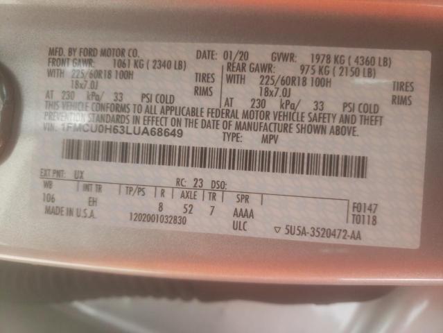 Photo 10 from auction – 2020 FORD ESCAPE SEL with VIN 1FMCU0H63LUA68649