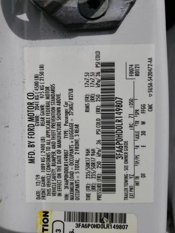 Photo 10 from auction – 2020 FORD FUSION SE with VIN 3FA6P0HD0LR149807