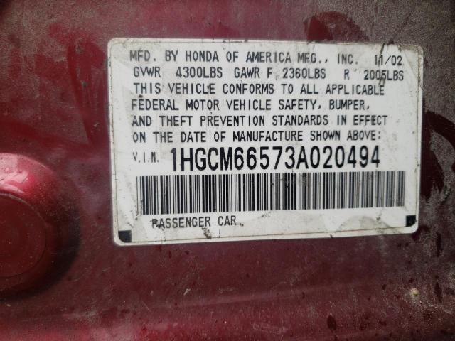 Photo 10 from auction – 2003 HONDA ACCORD EX with VIN 1HGCM66573A020494