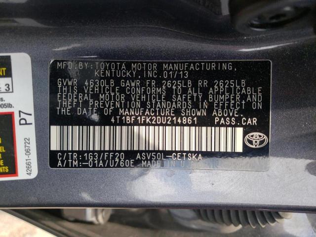 Photo 10 from auction – 2013 TOYOTA CAMRY L with VIN 4T1BF1FK2DU214861