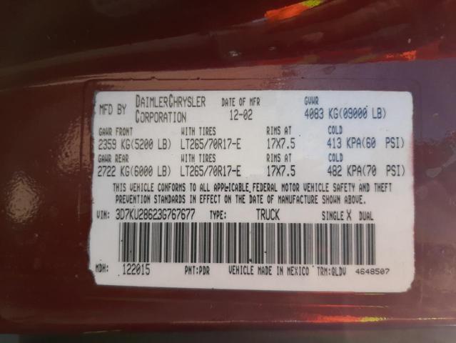 Photo 10 from auction – 2003 DODGE RAM 2500 S with VIN 3D7KU28623G767677