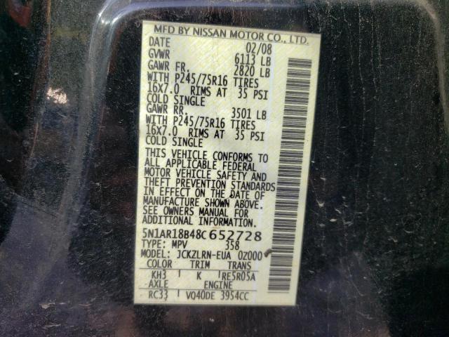 Photo 10 from auction – 2008 NISSAN PATHFINDER with VIN 5N1AR18B48C652728