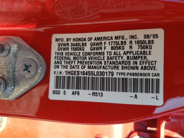 Photo 10 from auction – 2005 HONDA CIVIC DX with VIN 1HGES16455L030179
