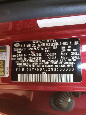 Photo 10 from auction – 2016 KIA SORENTO EX with VIN 5XYPHDA52GG150060
