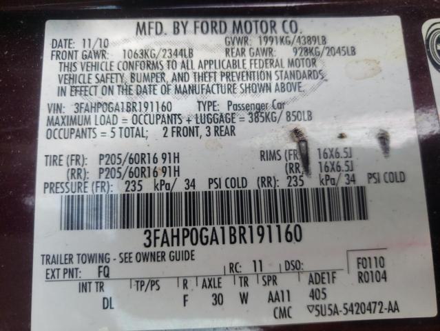 Photo 10 from auction – 2011 FORD FUSION S with VIN 3FAHP0GA1BR191160