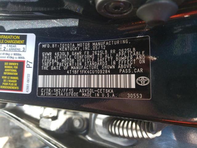 Photo 10 from auction – 2012 TOYOTA CAMRY BASE with VIN 4T1BF1FK4CU109284