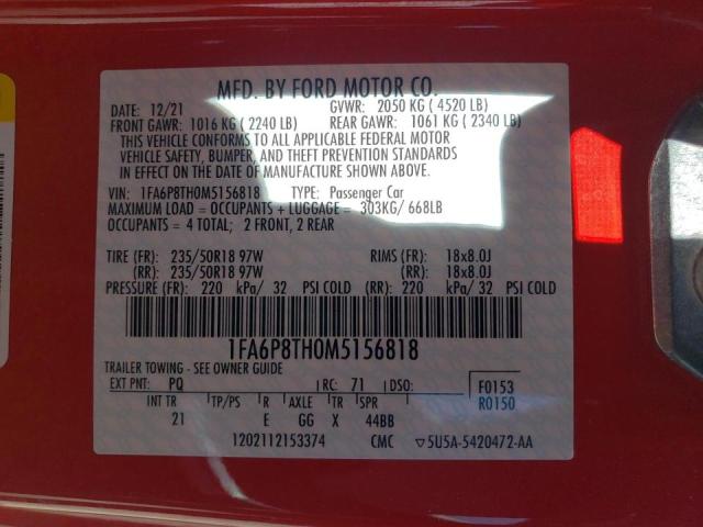 Photo 10 from auction – 2021 FORD MUSTANG with VIN 1FA6P8TH0M5156818