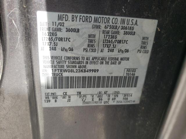 Photo 10 from auction – 2003 FORD F150 SUPER with VIN 1FTRW08L23KB49989
