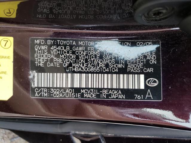 Photo 10 from auction – 2005 LEXUS ES 330 with VIN JTHBA30G855104104