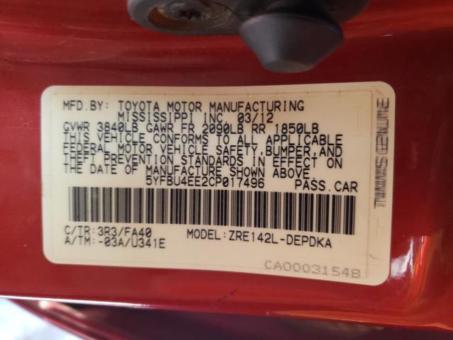 Photo 10 from auction – 2012 TOYOTA COROLLA BA with VIN 5YFBU4EE2CP017496