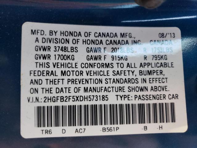 Photo 10 from auction – 2013 HONDA CIVIC LX with VIN 2HGFB2F5XDH573185