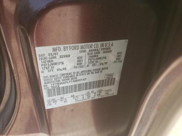 Photo 10 from auction – 2001 FORD F150 SUPER with VIN 1FTRW07L71KB02147