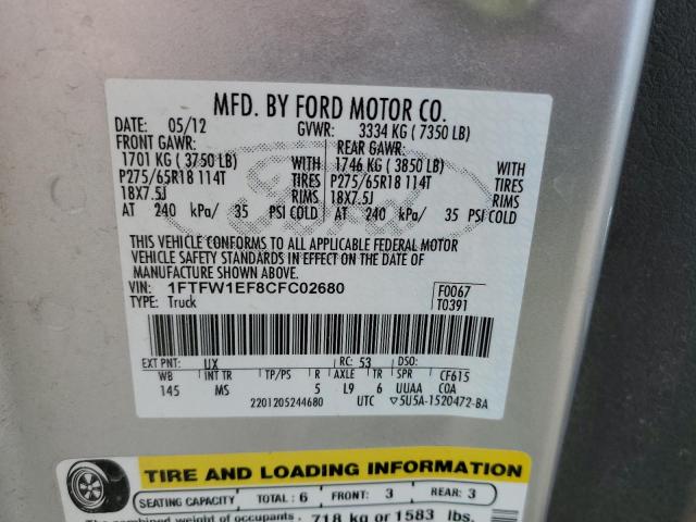Photo 10 from auction – 2012 FORD F150 SUPER with VIN 1FTFW1EF8CFC02680