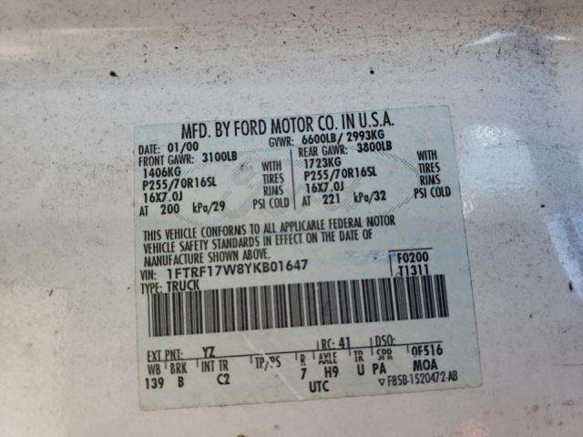 Photo 10 from auction – 2000 FORD F150 with VIN 1FTRF17W8YKB01647