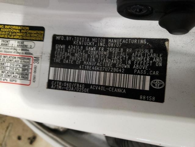 Photo 10 from auction – 2007 TOYOTA CAMRY CE with VIN 4T1BE46K07U729642