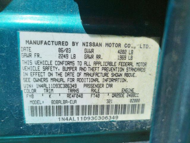 Photo 10 from auction – 2003 NISSAN ALTIMA BAS with VIN 1N4AL11D93C306349