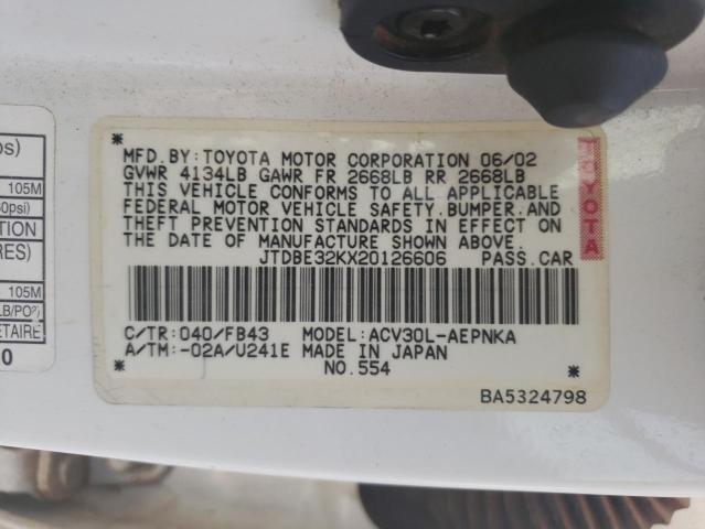 Photo 10 from auction – 2002 TOYOTA CAMRY LE with VIN JTDBE32KX20126606