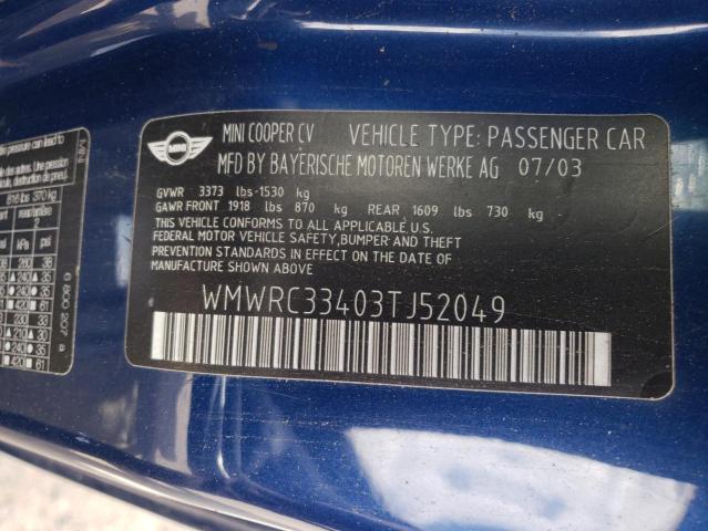 Photo 10 from auction – 2003 MINI COOPER with VIN WMWRC33403TJ52049