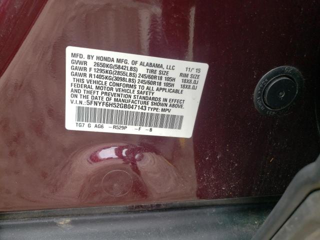 Photo 10 from auction – 2016 HONDA PILOT EXL with VIN 5FNYF6H52GB047143