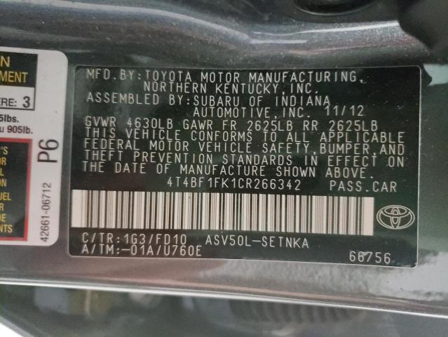 Photo 10 from auction – 2012 TOYOTA CAMRY BASE with VIN 4T4BF1FK1CR266342