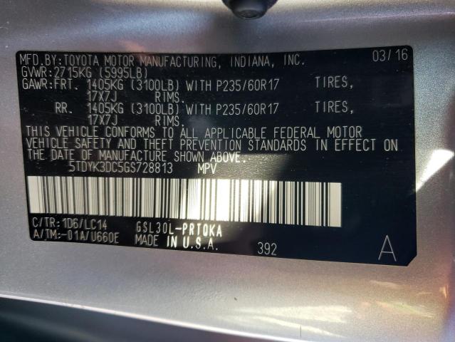 Photo 10 from auction – 2016 TOYOTA SIENNA XLE with VIN 5TDYK3DC5GS728813