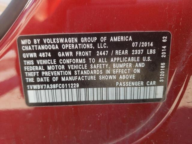 Photo 10 from auction – 2015 VOLKSWAGEN PASSAT SE with VIN 1VWBV7A38FC011229