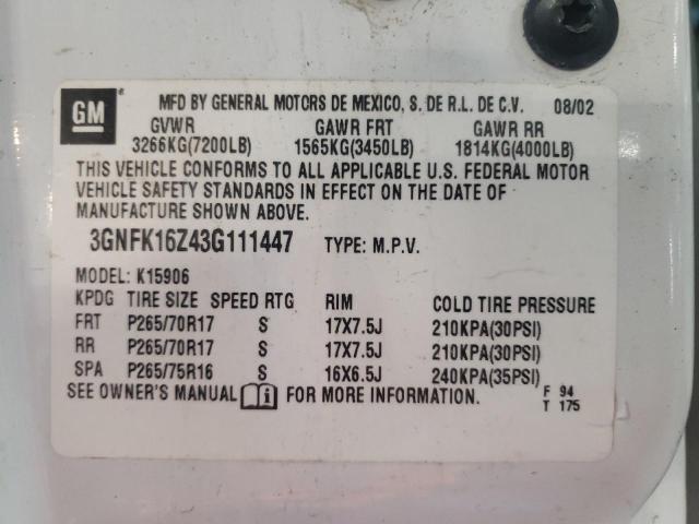 Photo 10 from auction – 2003 CHEVROLET SUBURBAN K with VIN 3GNFK16Z43G111447