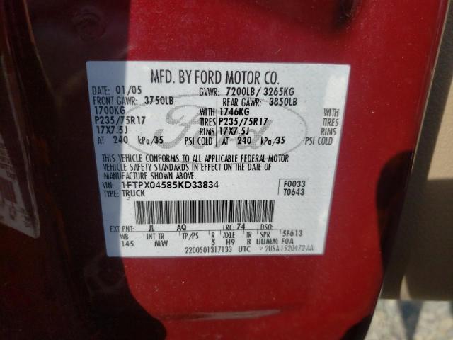 Photo 10 from auction – 2005 FORD F150 with VIN 1FTPX04585KD33834