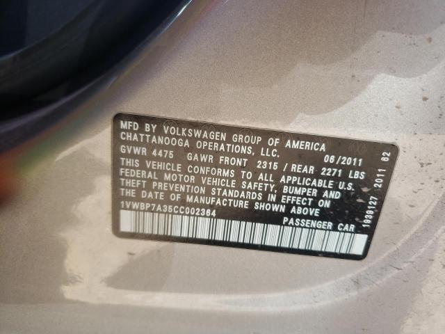 Photo 10 from auction – 2012 VOLKSWAGEN PASSAT SE with VIN 1VWBP7A35CC002364